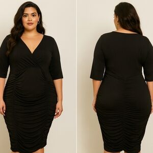 🖤 Classic Black Ruched Midi Dress Elbow Sleeve Size 1X Stretch Cocktail Formal